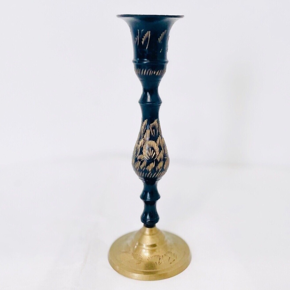 Vintage India Black Brass Etched Candle Stick Holder 6.5 in. EUC